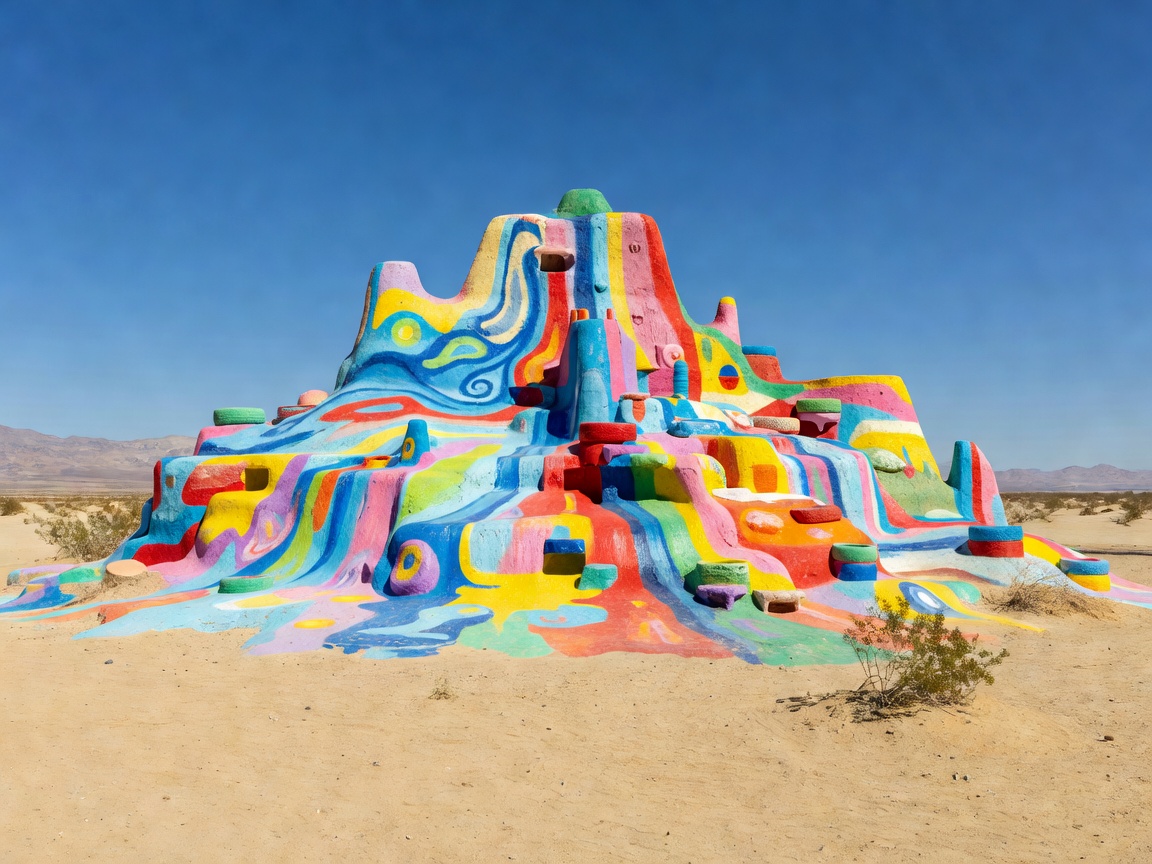 Brightly painted desert art installation known as Salvation Mountain
