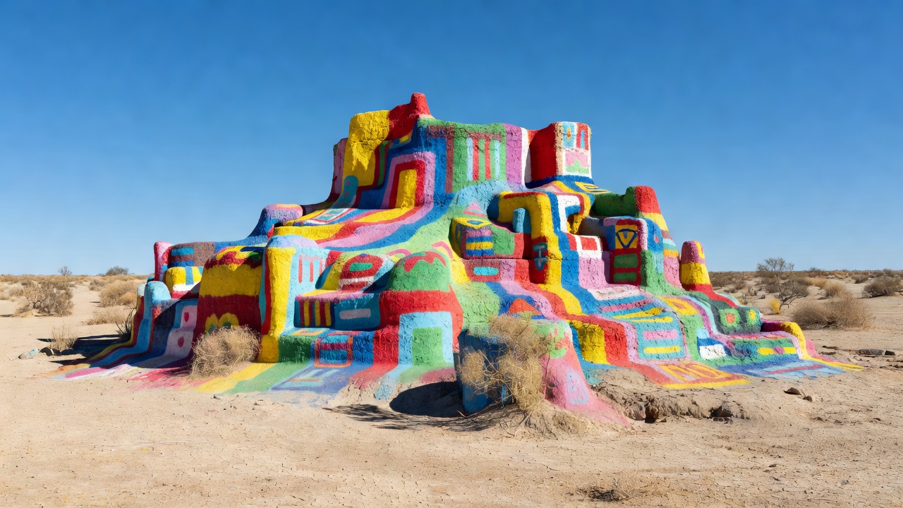 Colorful painted adobe mound known as Salvation Mountain in the desert