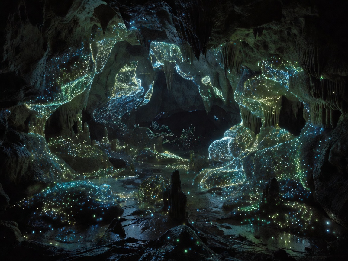 Dark cave illuminated by thousands of tiny glowing dots
