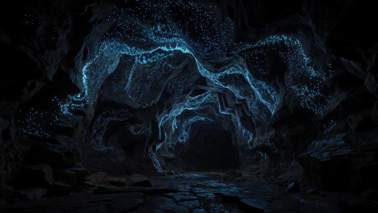 Dark underground cave with thousands of tiny blue glowing lights on the ceiling