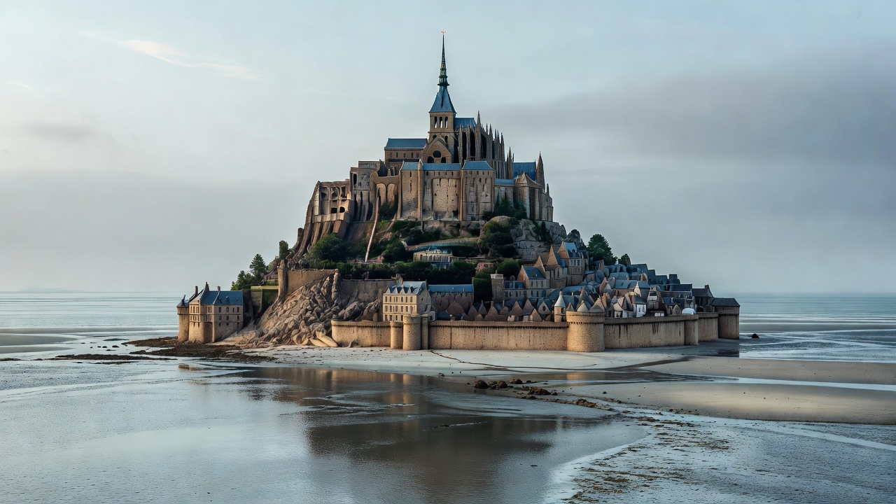 Mont Saint Michel abbey on a rocky island surrounded by tidal flats