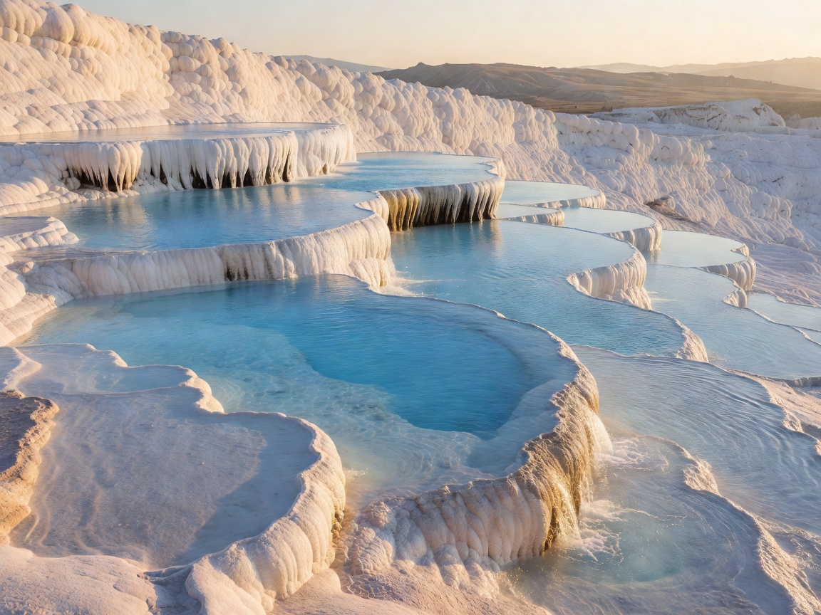 White travertine terraces and blue water in Pamukkale, Turkey