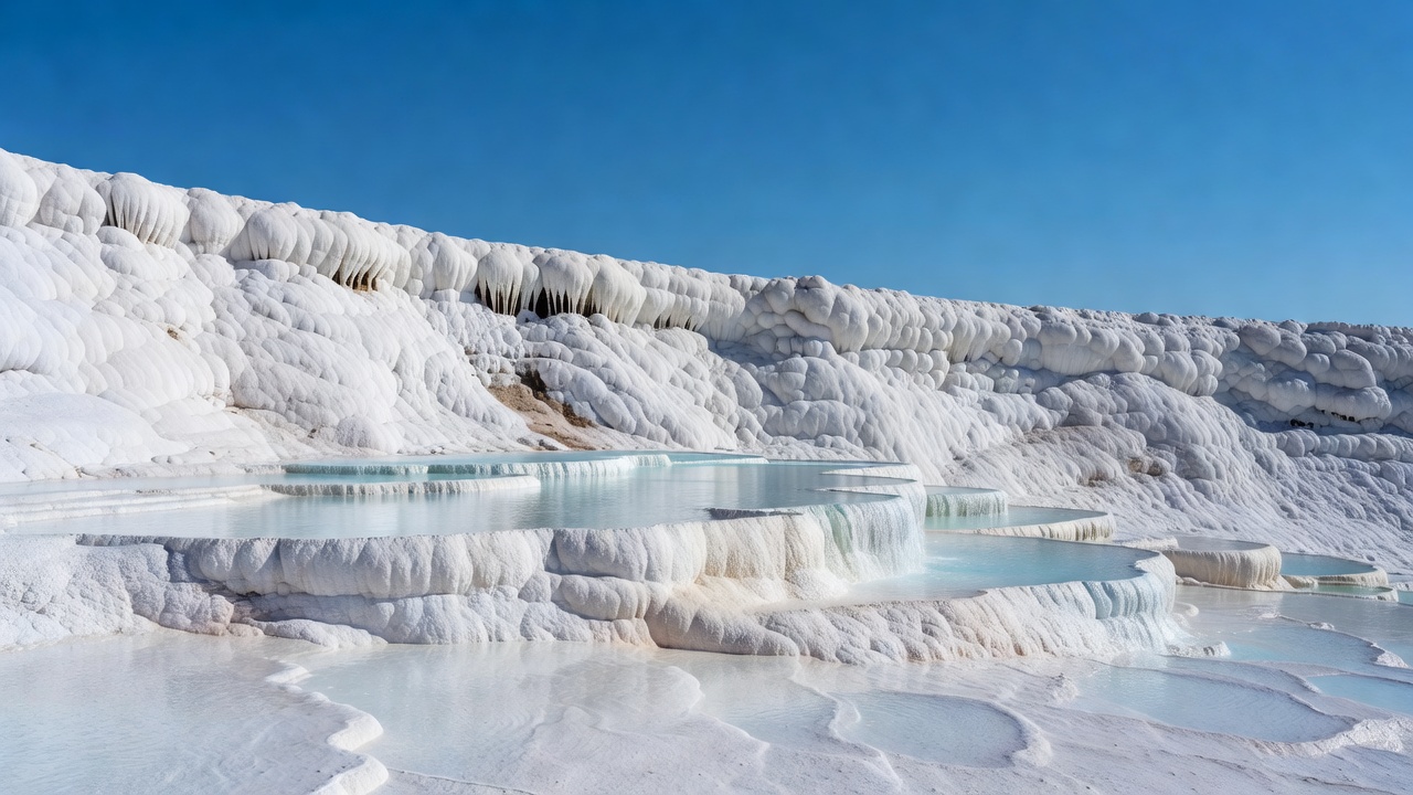 White travertine terraces in Pamukkale against a blue sky
